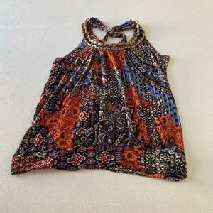 American Rag Cie Boho Beaded Halter Top Multicolor Patchwork Print